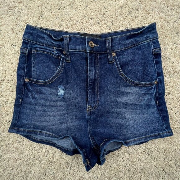Kendall & Kylie Cut Off Blue Denim Shorts Size 5/27 w Logo Jorts Distressed - Picture 1 of 7